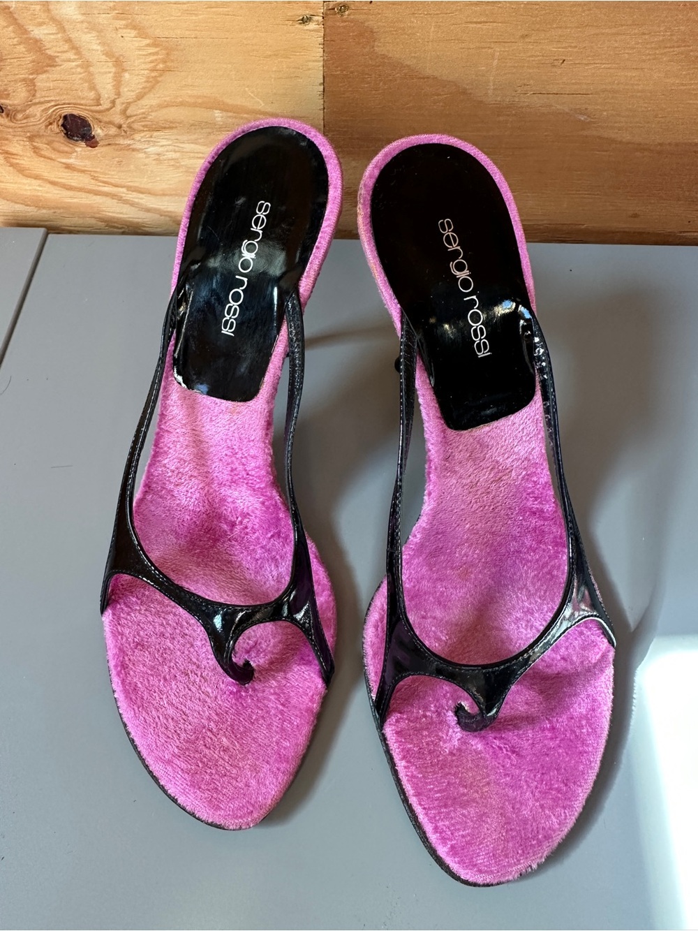 Sergio Rossi Pink Velvet Slide Mules with Black Patent Trim